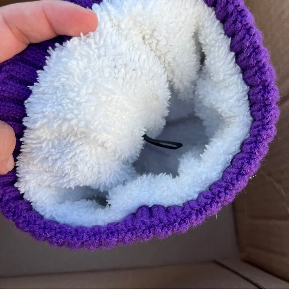 Girls Purple & White Striped Beanie